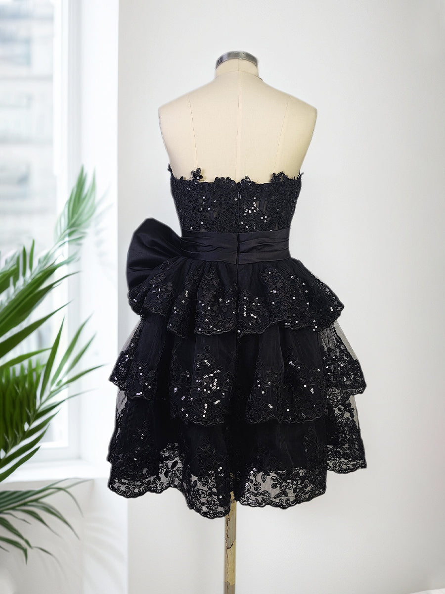 Sparkly Red A Line Sweetheart Corset Tiered Ruffle Homecoming Dress with Bows