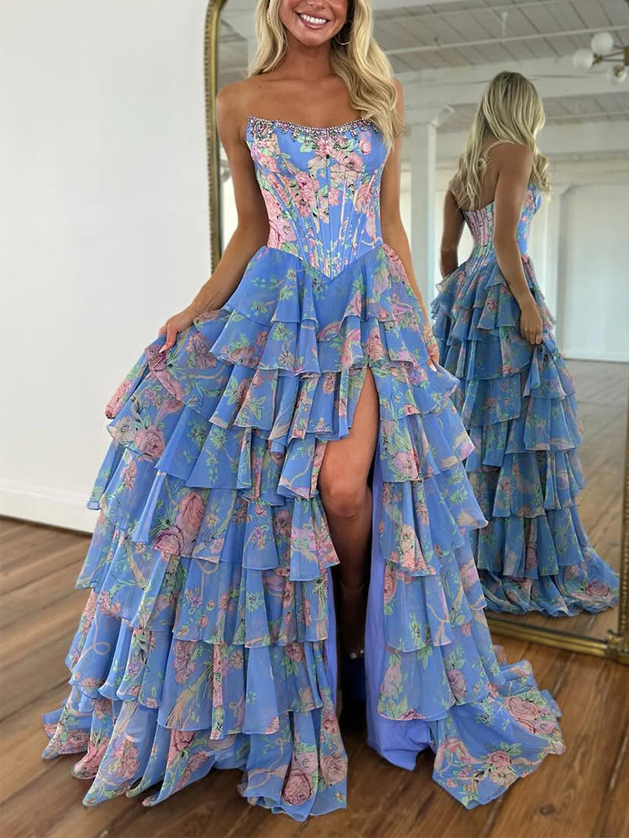 Sparkly Blue Floral Corset Ruffled Long Prom Dress with Slit