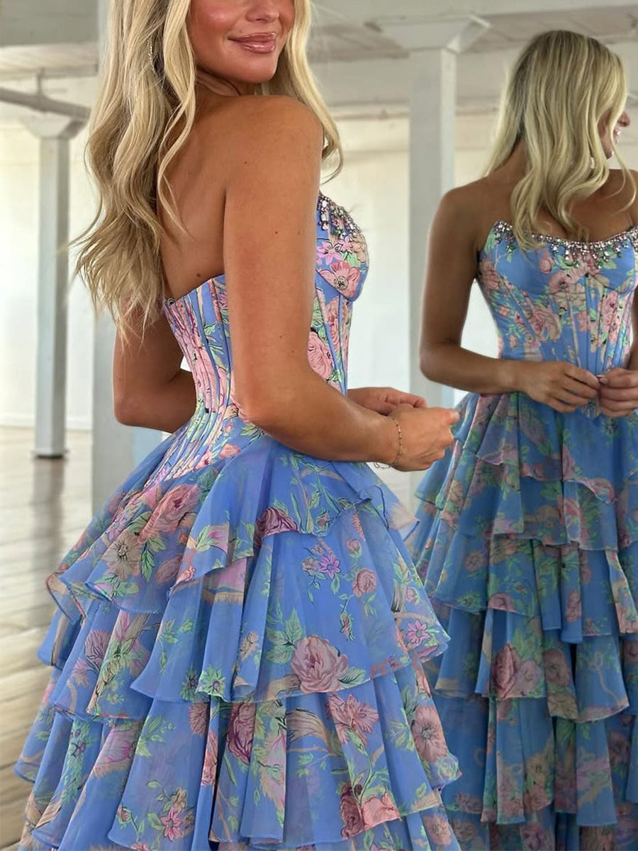 Sparkly Blue Floral Corset Ruffled Long Prom Dress with Slit