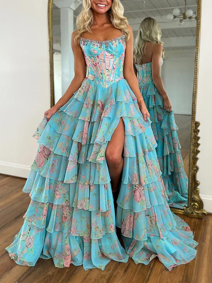 Dreamylily Prom Dress Sparkly Blue Floral Corset Ruffled Long Ball Gown
