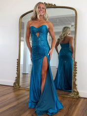 Sparkly Sweetheart Mermaid Beaded Keyhole Long Prom Dress with Slit