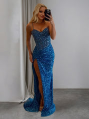 Strapless Sweetheart Sequins Bodycon Long Prom Dress with Beading