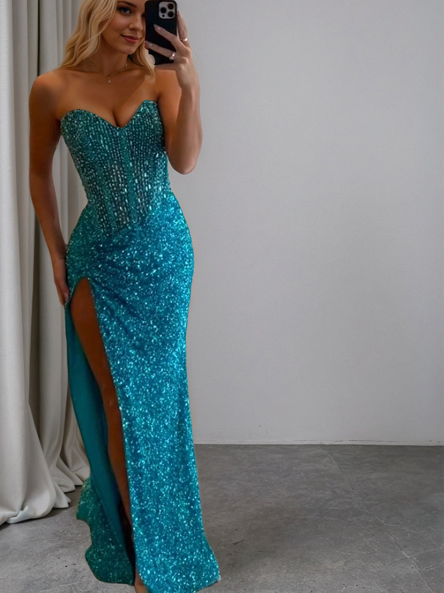 Strapless Sweetheart Sequins Bodycon Long Prom Dress with Beading