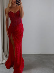 Strapless Sweetheart Sequins Bodycon Long Prom Dress with Beading
