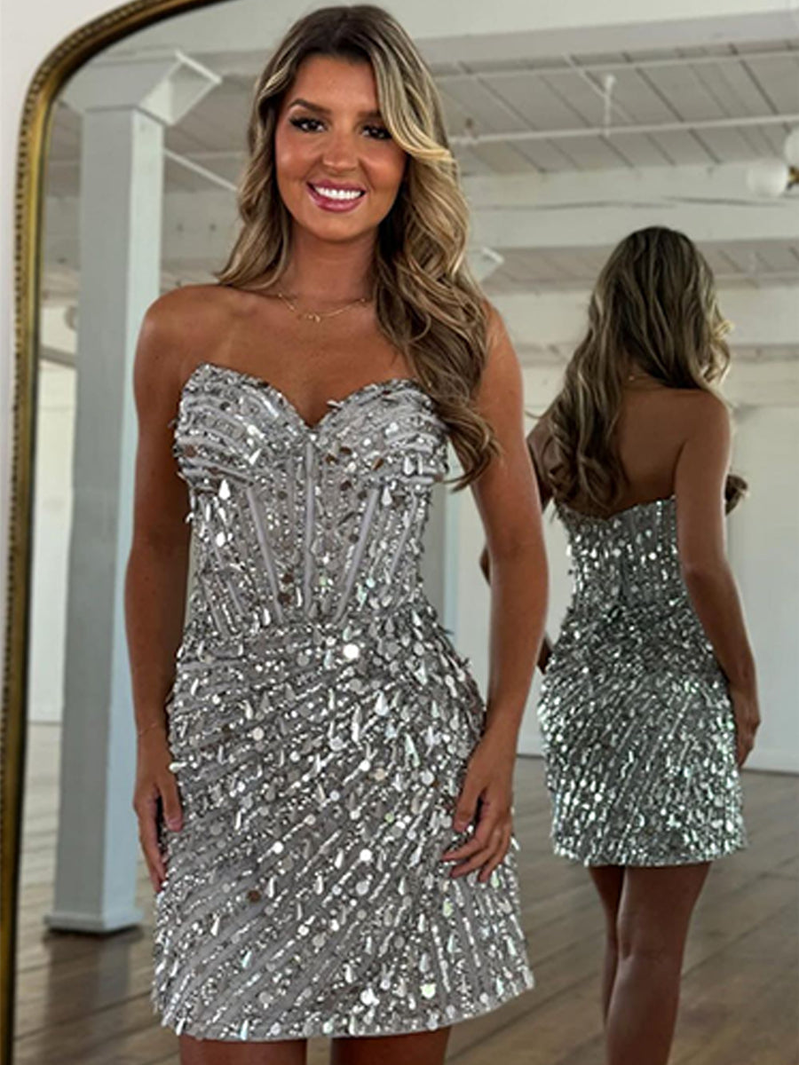 Sparkly Bodycon Sweetheart Short Pink Homecoming Dress with Beading