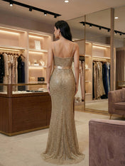 Sparkly Champagne Spaghetti Straps Prom Dress with Statement Bow