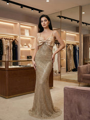 Sparkly Champagne Spaghetti Straps Prom Dress with Statement Bow