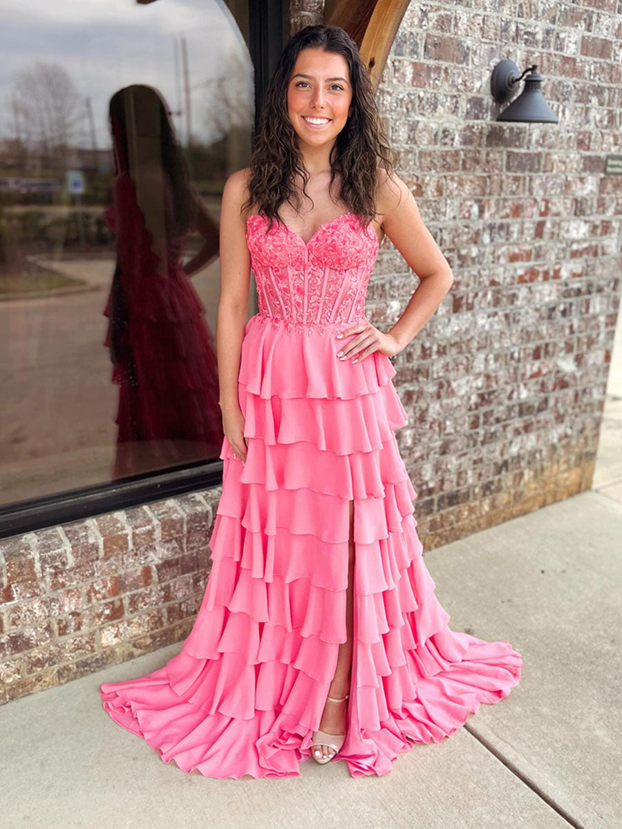 Sparkly Coral Sweetheart Ruffled Tiered Long Prom Dress with Slit