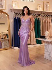 Sparkly Corset Long Prom Dress with Asymmetrical Appliqués