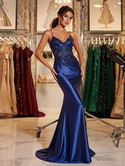 Sparkly Corset Long Prom Dress with Asymmetrical Appliqués