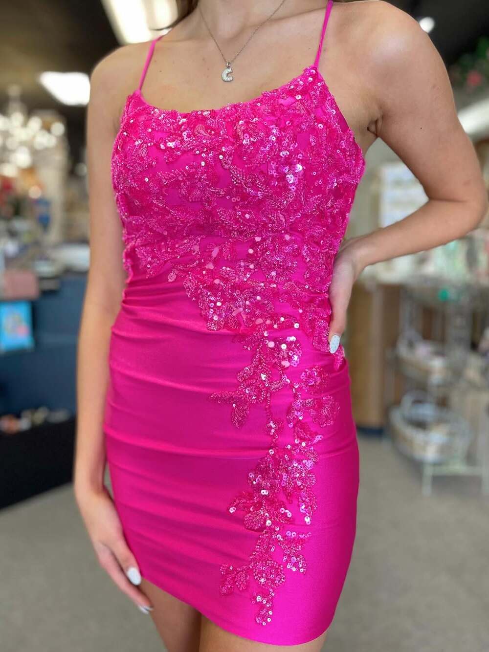 Sparkly Fuchsia Bodycon Short Homecoming Dress with Appliques