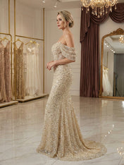 Sparkly Champagne Beaded Off-the-Shoulder Mermaid Long Prom Dress