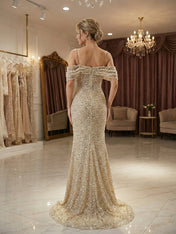Sparkly Champagne Beaded Off-the-Shoulder Mermaid Long Prom Dress