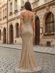 Sparkly Gold Off-the-Shoulder Ruched Long Prom Dress with Slit