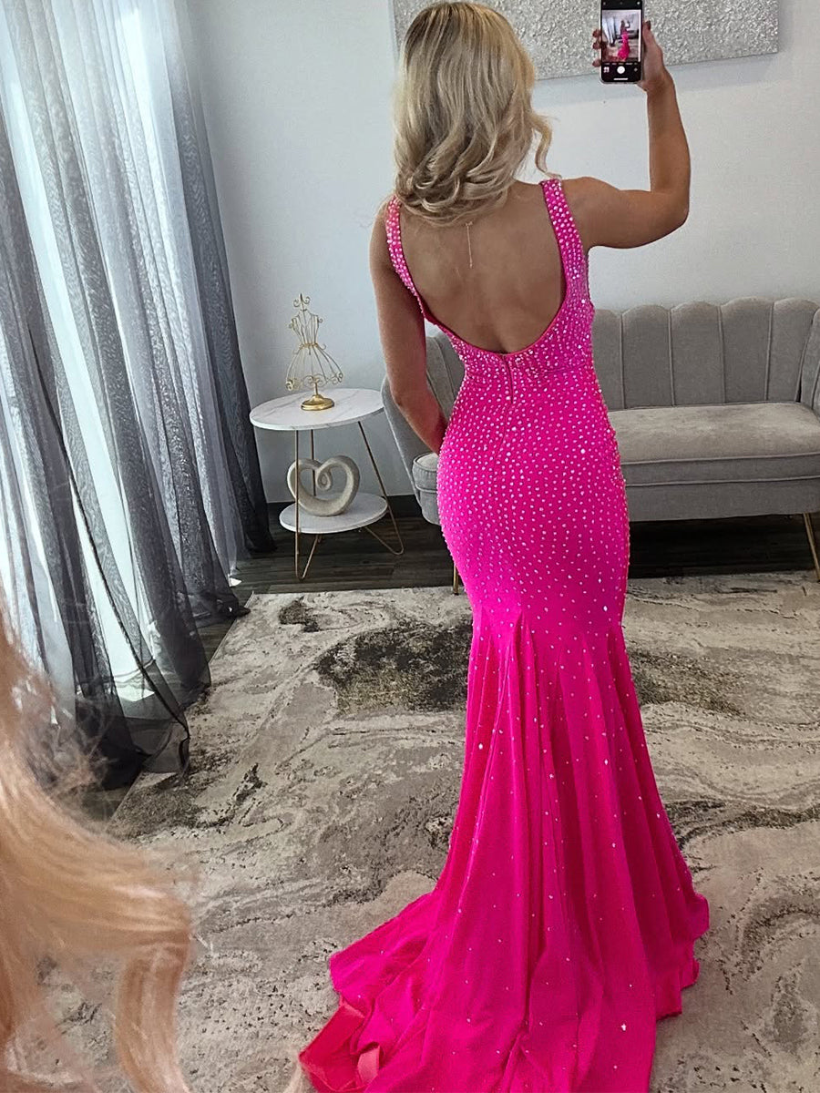 Sparkly Hot Pink Rhinestone V-Neck Long Prom Dress with Slit