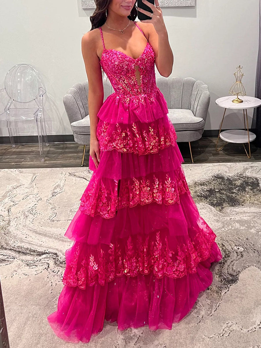 Sparkly Lace Embroidery Tiered Long Prom Dress with Slit