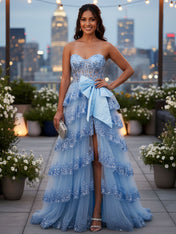 Sparkly Lace Strapless Ruffle Tiered Prom Dress with Bow