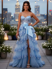 Sparkly Lace Strapless Ruffle Tiered Prom Dress with Bow