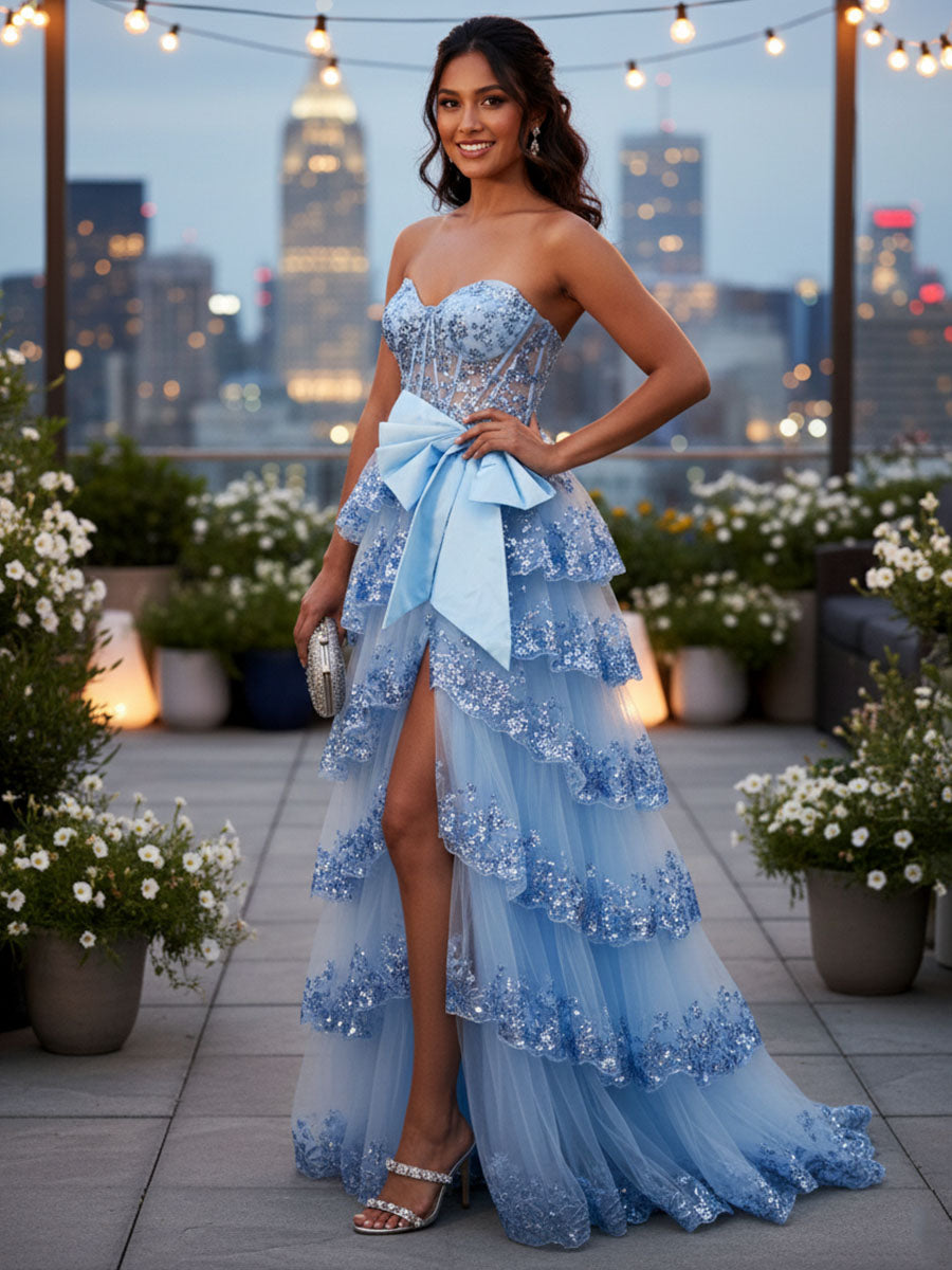 Sparkly Lace Strapless Ruffle Tiered Prom Dress with Bow