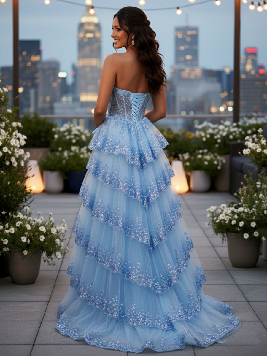 Sparkly Lace Strapless Ruffle Tiered Prom Dress with Bow