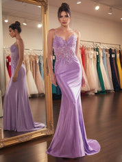 Sparkly Lavender Corset Long Prom Dress with Asymmetrical Appliqués