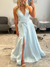 Sparkly Light Blue A-Line Corset Prom Dress with Statement Bow
