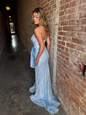 Sparkly Light Blue Sequin Strapless Long Prom Dress with Statement Bow