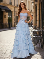 Sparkly Light Blue Strapless Tiered Ruffle Corset Prom Dress with Slit