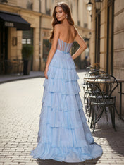 Sparkly Light Blue Strapless Tiered Ruffle Corset Prom Dress with Slit