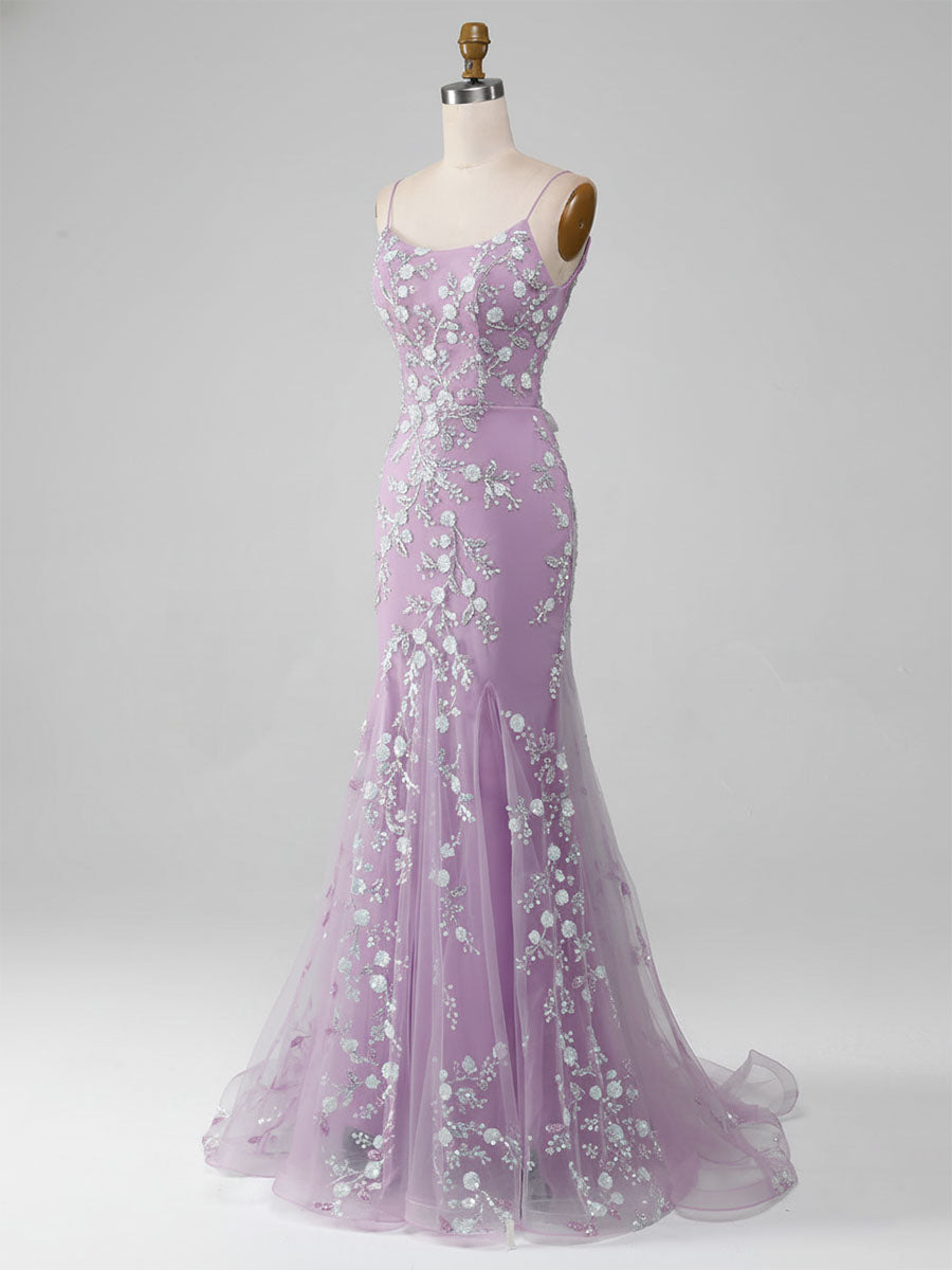 Sparkly Lilac Beaded Spaghetti Straps Mermaid Long Prom Dress