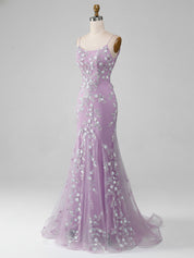 Sparkly Lilac Beaded Spaghetti Straps Mermaid Long Prom Dress
