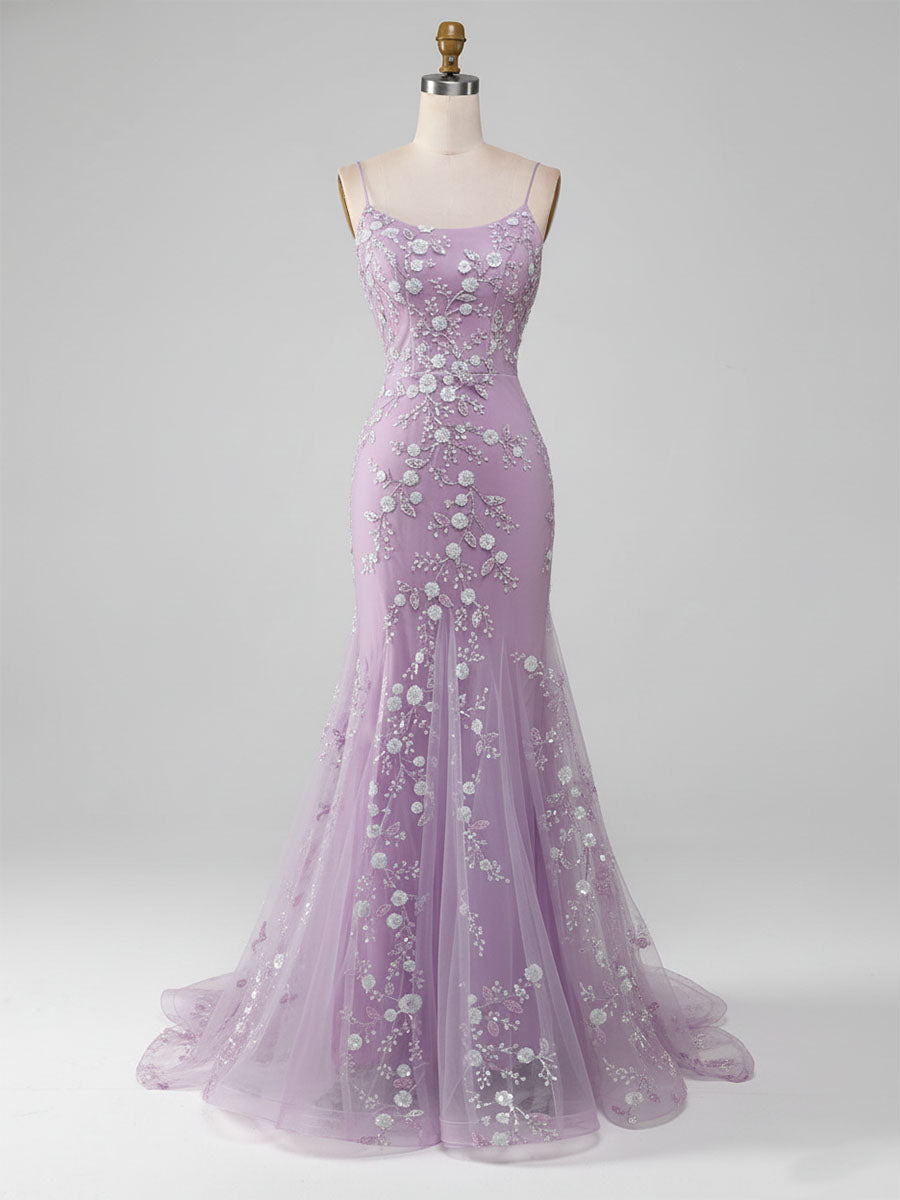 Sparkly Lilac Beaded Spaghetti Straps Mermaid Long Prom Dress