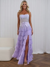 Sparkly Lilac Strapless Tiered Ruffle Corset Prom Dress with Slit