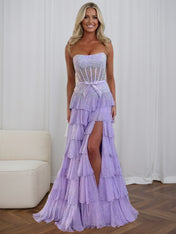 Sparkly Lilac Strapless Tiered Ruffle Corset Prom Dress with Slit