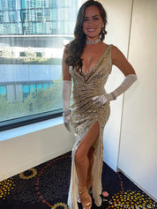 Sparkly Mermaid Deep V-Neck Sequins Long Prom Dress