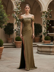 Sparkly Mermaid One Shoulder Pleated Formal Dress with Slit