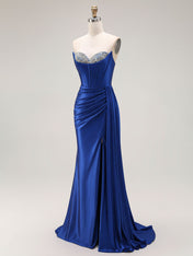 Sparkly Mermaid Strapless Corset Ruched Long Prom Dress