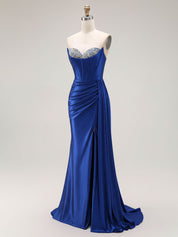Sparkly Mermaid Strapless Corset Ruched Long Prom Dress