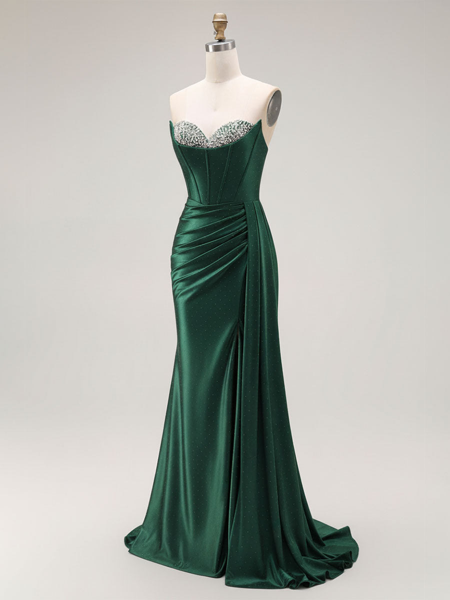 Sparkly Mermaid Strapless Corset Ruched Long Prom Dress