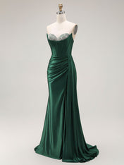 Sparkly Mermaid Strapless Corset Ruched Long Prom Dress