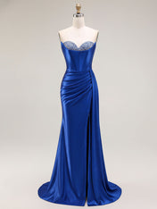 Sparkly Mermaid Strapless Corset Ruched Long Prom Dress