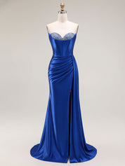 Sparkly Mermaid Strapless Corset Ruched Long Prom Dress