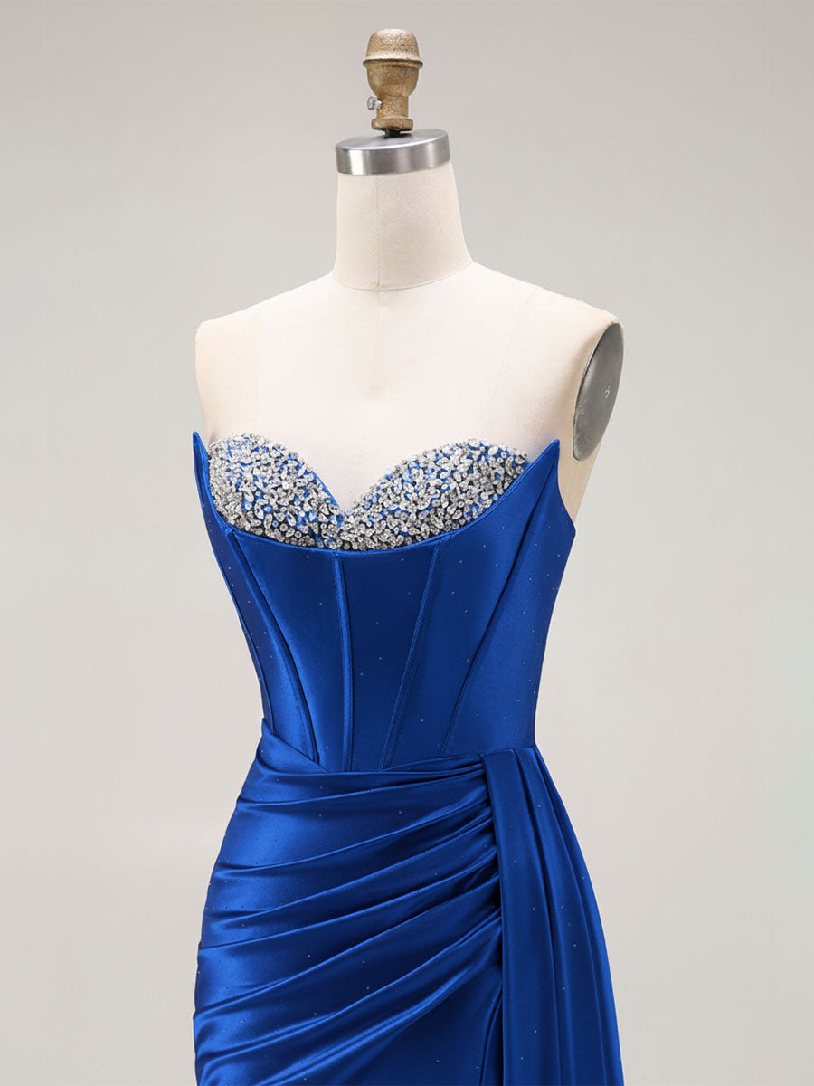 Sparkly Mermaid Strapless Corset Ruched Long Prom Dress