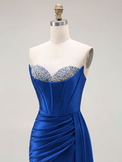 Sparkly Mermaid Strapless Corset Ruched Long Prom Dress