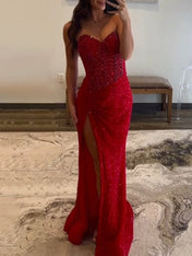 Sparkly Mermaid Strapless Corset Sequins Long Prom Dress with Slit