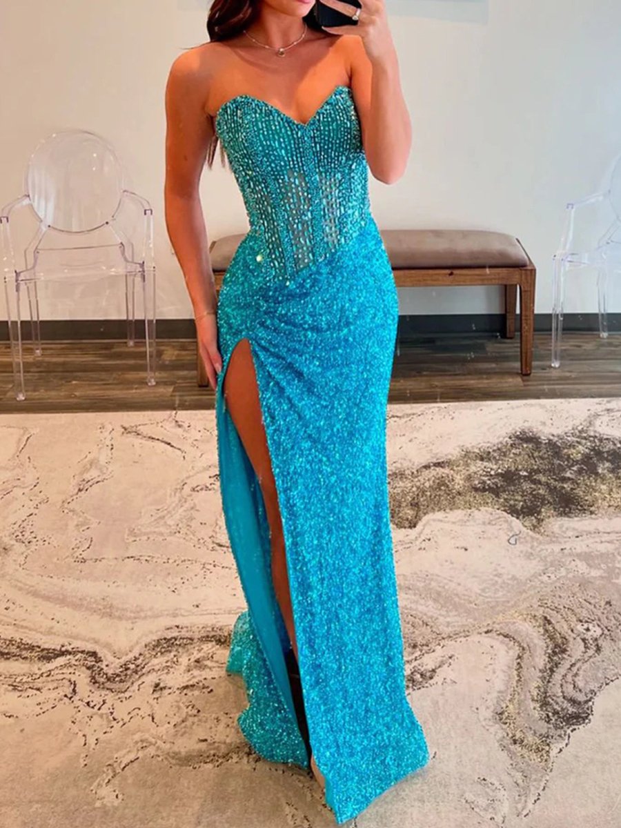 Sparkly Mermaid Strapless Corset Sequins Long Prom Dress with Slit
