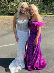 Sparkly Mermaid Strapless Corset Sequins Long Prom Dress with Slit