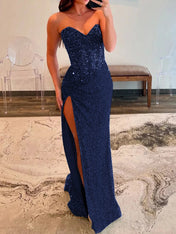 Sparkly Mermaid Strapless Corset Sequins Long Prom Dress with Slit