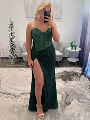 Sparkly Mermaid Strapless Corset Sequins Long Prom Dress with Slit