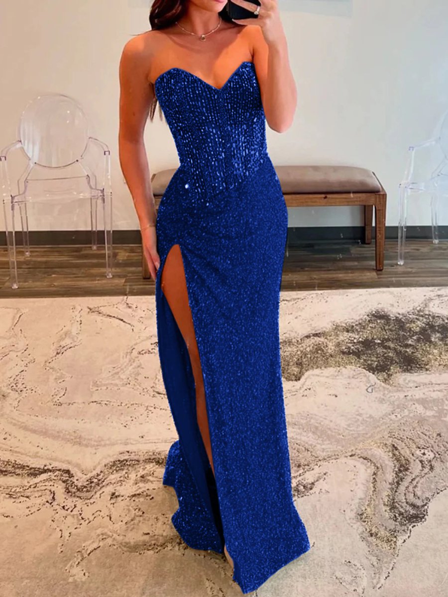 Sparkly Mermaid Strapless Corset Sequins Long Prom Dress with Slit